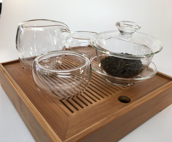 Glass Gaiwan Tea Set with Bamboo Tea Tray