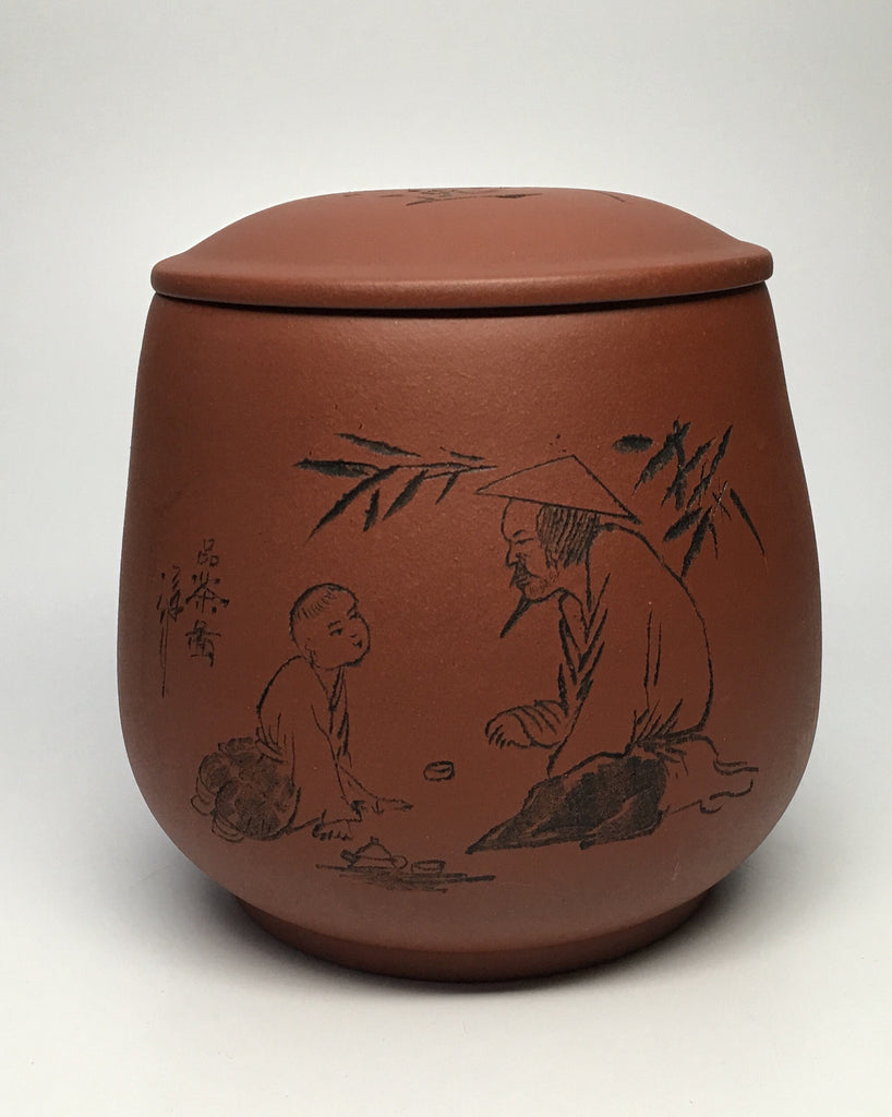 Yixing clay tea storage jar Master/Student motif