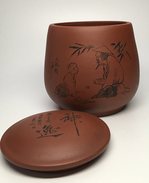 Yixing clay tea storage jar Master/Student motif
